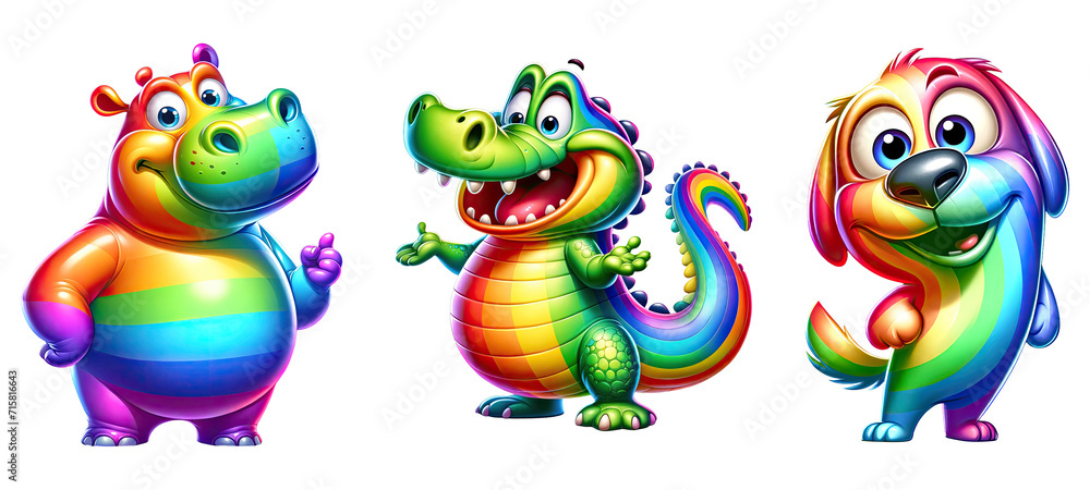 Fototapeta premium Funny rainbow animals. Hippo, alligator, and dog, isolated on transparent background.