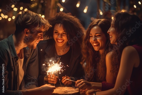 A group of friends huddled together  holding sparklers and creating a dazzling display of light for a birthday celebration.