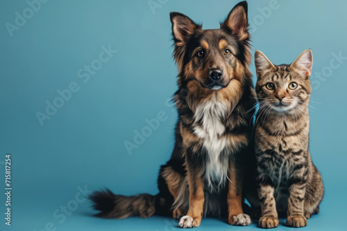 Dog and cat sitting together on blue background and looking at camera. Pets posing. Friendship between dog and cat.