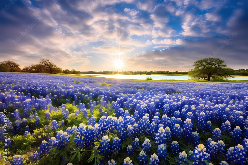 A field of vibrant bluebonnet flowers stretching as far as the eye can see, creating a stunning carpet of color.
