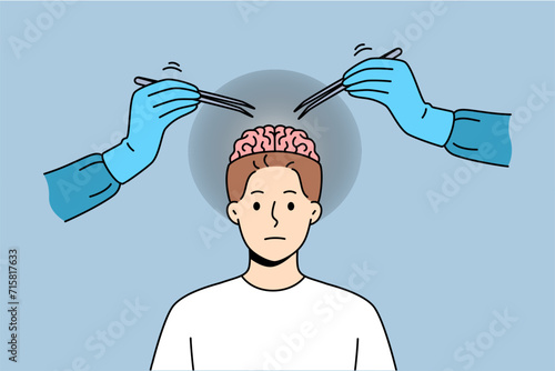 Neurosurgical operation on brain of man looking at camera, standing near two doctors hands with tweezers. Neurosurgical research and search for possibility of improving human neurons