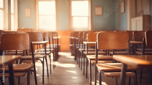 Back to school, Empty classroom at morning light photo
