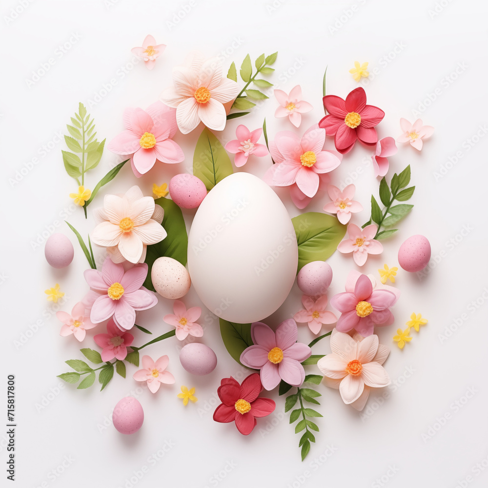 Creative Easter layout with flowers and leaves on a white paper background. Spring nature Easter holiday minimal concept. Creative Easter layout with flowers and leaves on a white paper background. Spring nature Easter holiday minimal concept.
