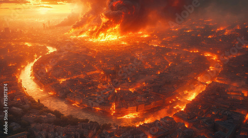 City engulfed by a massive firestorm in an apocalyptic scene.