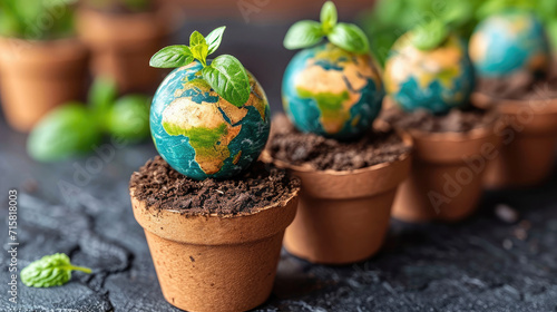 World globes in pots representing Earth Day.