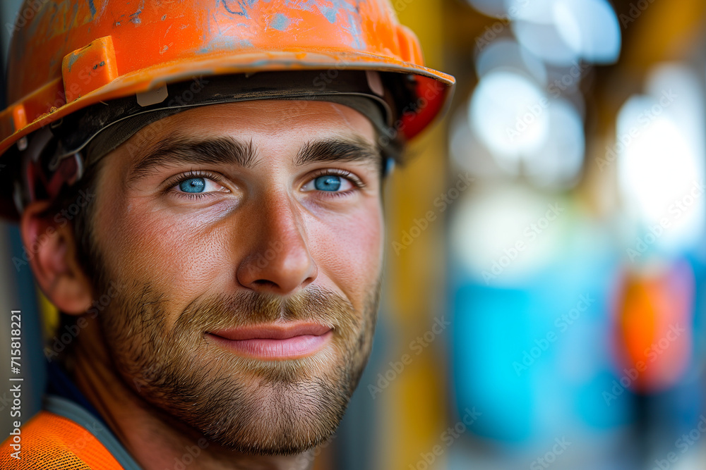 Confident Smiling Craftsman in Professional Workwear with Hard Hat: Skilled Industrial Worker at Job Site Confident Smiling Craftsman in Professional Workwear with Hard Hat: Skilled Industrial Worker at Job Site