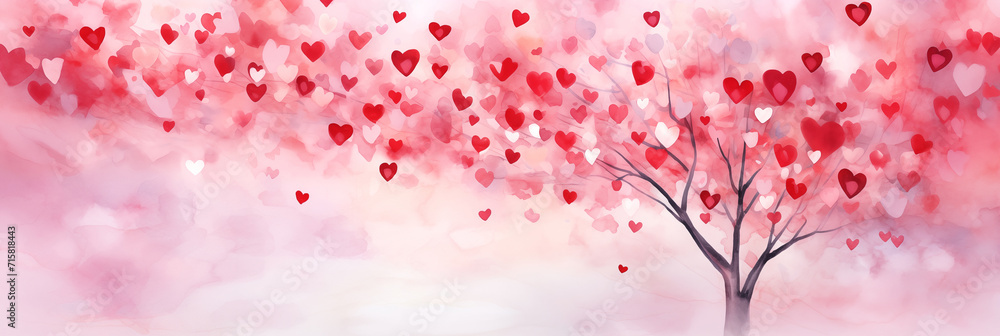 Valentine's Day banner. Beautiful hand drawn watercolor illustration with tree and hearts. Panoramic web header with copy space. Wide screen wallpaper
