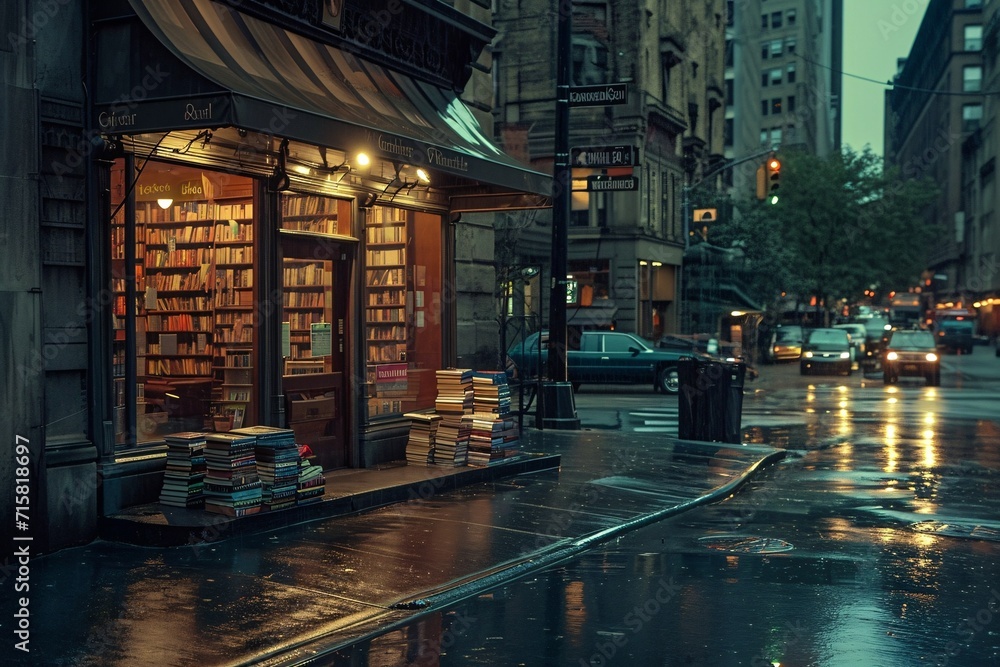 Rainy Night in the City: A Bookstore's Glowing Light Amidst the Gloom Generative AI