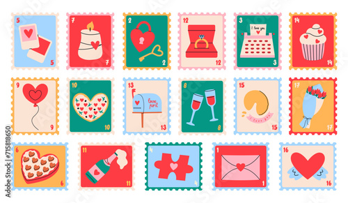 Set of cute romantic postage stamps isolated on white background.	Valentines Day concept.