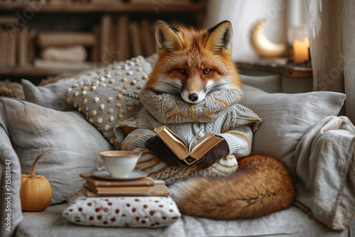 Foxy Reading: A Cozy Night with a Red Fox and a Book Generative AI