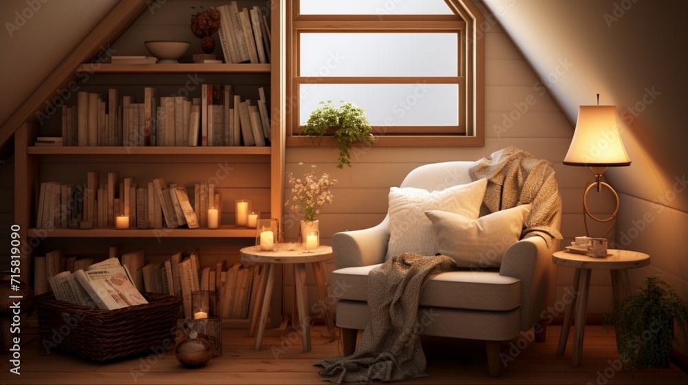 Serene Scandinavian Reading Nook with Modern Built-in Shelving and Soft Ambient Lighting - AI-Generative