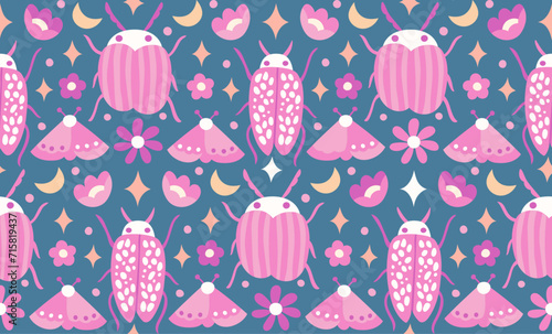 Cute seamless pattern with hand-drawn bugs and floral elements. Vector summer botanical background.