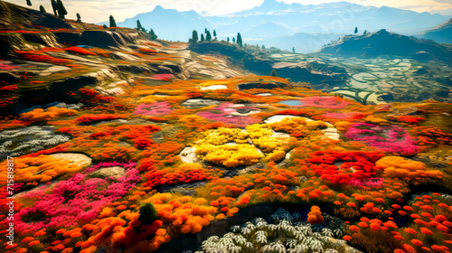 Field full of colorful flowers with mountains in the backgrouund.