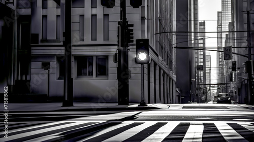 Black and white photo of street with traffic light and buildings.