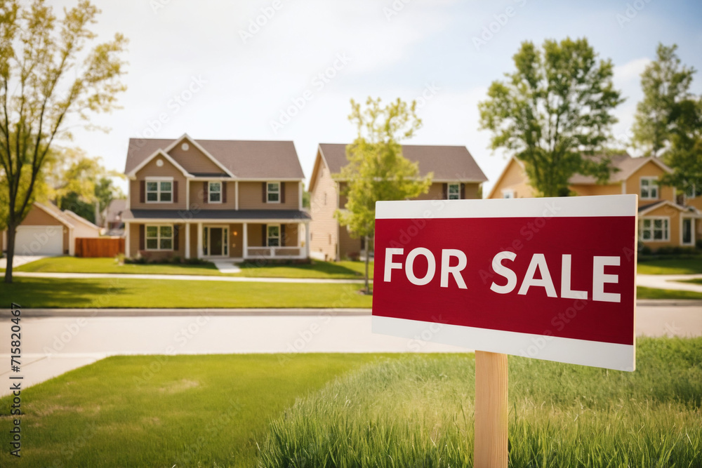 Fototapeta premium For Sale Sign on Vacant Lot or Lawn in Front of a Modern Houses with Traditional Design. Real Estate Property, Mortgage, Housing Market and Home Ownership Concept.