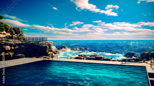 Swimming pool next to the ocean under blue sky with white clouds. © Констянтин Батыльчук