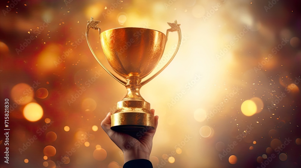 Shiny golden trophy cup in the hand of a child. Champion kid reward. Competition or contest prize. Shiny golden trophy cup in the hand of a child. Champion kid reward. Competition or contest prize.