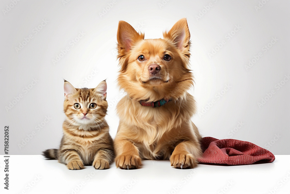 Banner with a cat and a dog looking up, isolated on white background