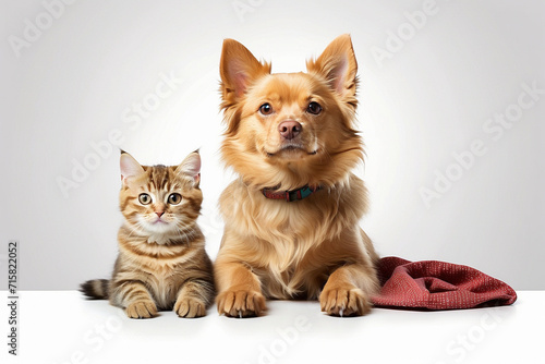 Banner with a cat and a dog looking up  isolated on white background