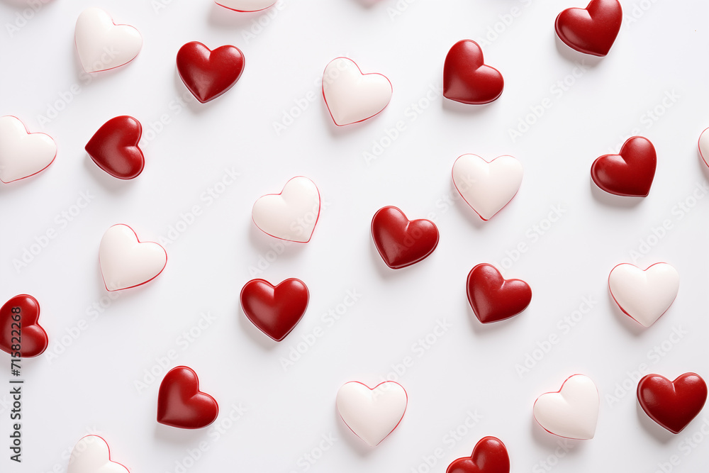Sweet candy hearts on white background, minimal food photography