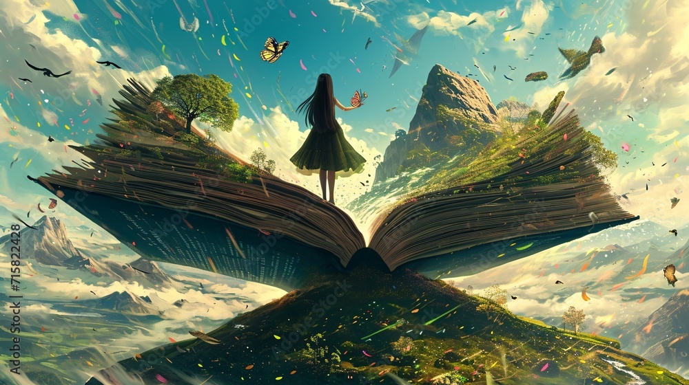 A Dreamy Adventure in a World of Books and Butterflies Generative AI - obrazy, fototapety, plakaty 