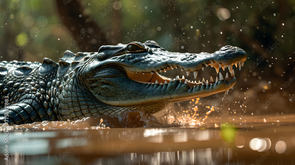 Fototapeta premium crocodile in the water in the wild, portrait of a crocodile