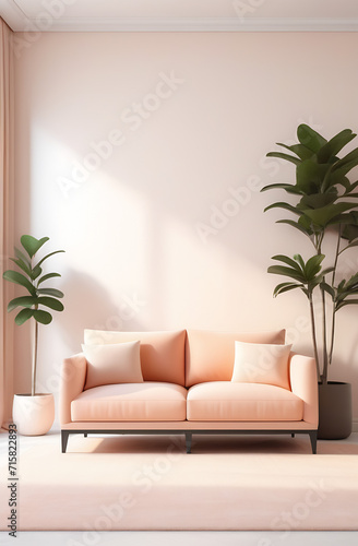 Modern living room interior with sofa, and plants in light peach colour, pantone