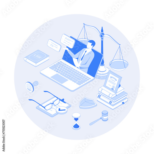 Legal Advice and Aid. Online services. A professional lawyer gives consultation through a laptop. Law and justice concept. Vector outline illustration with isometry scene for web graphic
