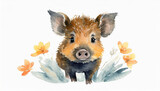 A flat illustration with a baby boar on a white background. The concept of wildlife, watercolor