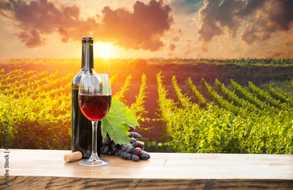 Three glasses with white, rose and red wine on a wooden barrel in the vineyard. Wide photo. High quality photo