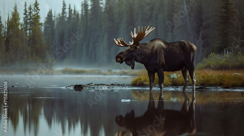 bull moose in at a lake in a national park 