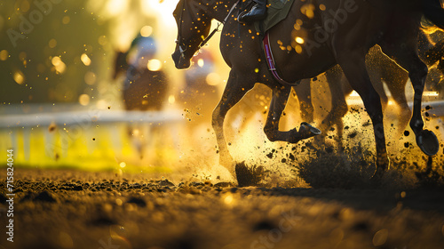 Close up portrait of a horse racing on a horse track photo
