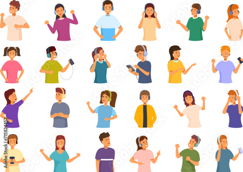 Kids earphones icons set cartoon vector. Music little. Mobile happy melody