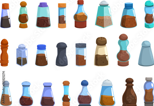 Pepper shaker icons set cartoon vector. Glass wooden. Cap salt hand