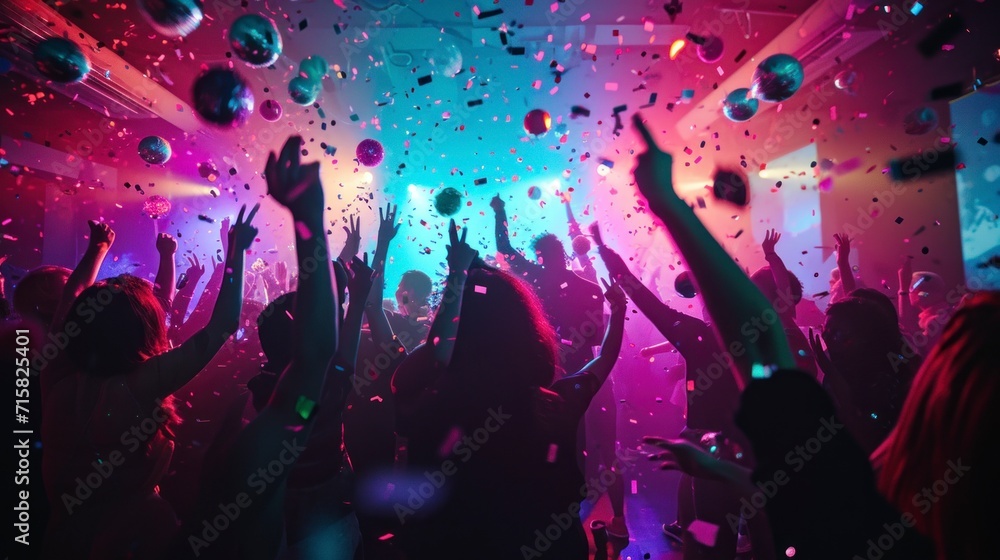 party people in a nightclub with neon lights happy dancing and celebrating birthday - obrazy, fototapety, plakaty 