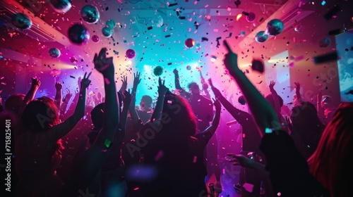 party people in a nightclub with neon lights happy dancing and celebrating birthday photo