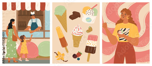 Ice-cream street market scene with happy people eating frozen dessert