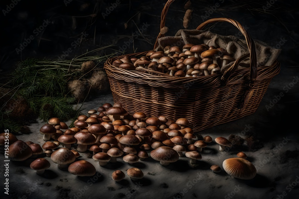 a basket with collected mushrooms lying on the microcement floor