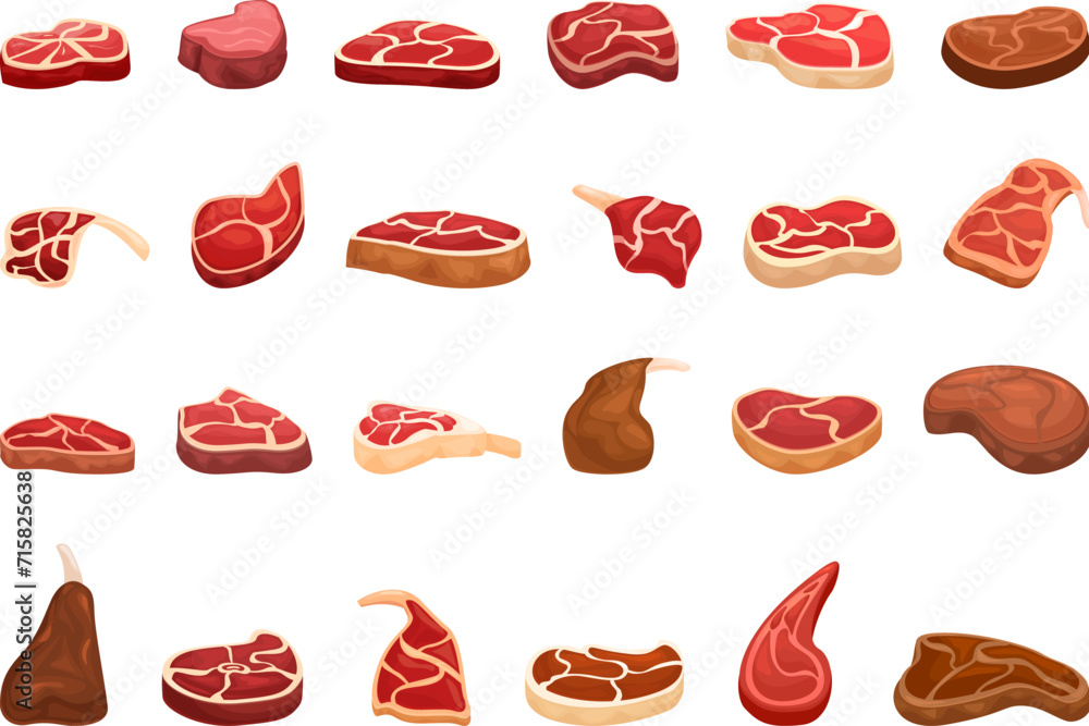 Lamb chop icons set cartoon vector. Meat product. Cooking raw grilled - obrazy, fototapety, plakaty 