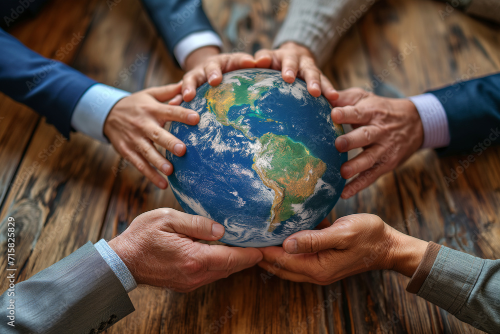 A group of business people holding a planet earth globe together - obrazy, fototapety, plakaty 