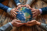 A group of business people holding a planet earth globe together