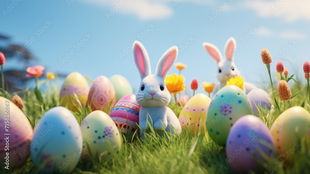 A bunch of pastel colored easter eggs and bunny ears on a grass background A bunch of pastel colored easter eggs and bunny ears on a grass background