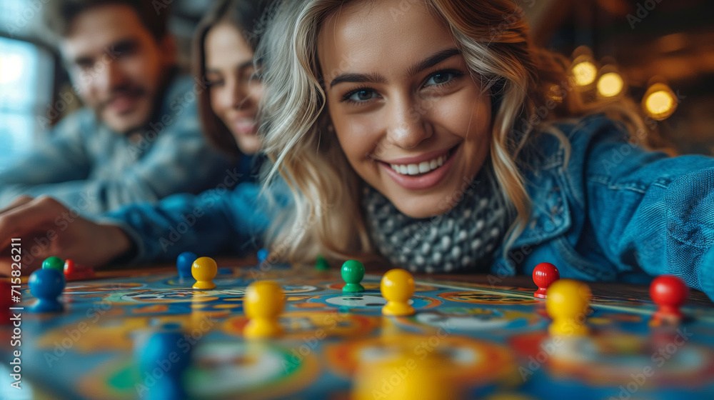 Close-up of a group of friends playing board games at home - obrazy, fototapety, plakaty 