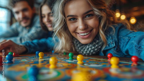 Close-up of a group of friends playing board games at home photo
