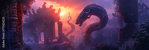 A Majestic Naga Serpent Coiling Around an Ancient Temple Ruins at Sunset, Symbolizing Mystery and Ancient Lore photo