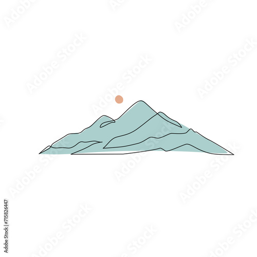 Abstract mountain range landscape, blue background. Simple line drawing of mountains peak, sun shape. Modern one line nature illustration. Vector wallpaper for icon, logo, travel poster, tourism card