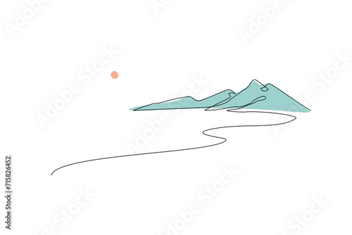 Abstract mountain range landscape, flat scenery background. Blue mountains panoramic view. One line nature illustration. Vector sunset wallpaper for minimal poster, template, adventure tourism