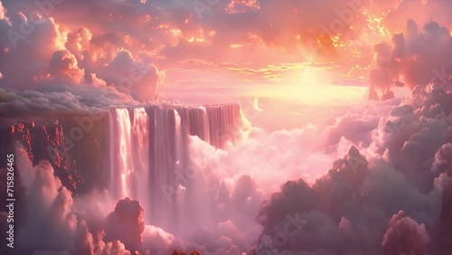Heaven landscape. Magical landscape in heaven with pink clouds and waterfall flowing. Flying land with beautiful landscape, Fantasy world fairy tale beauty photo