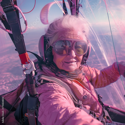 old woman paragliding and taking a selfie on the windshield photo