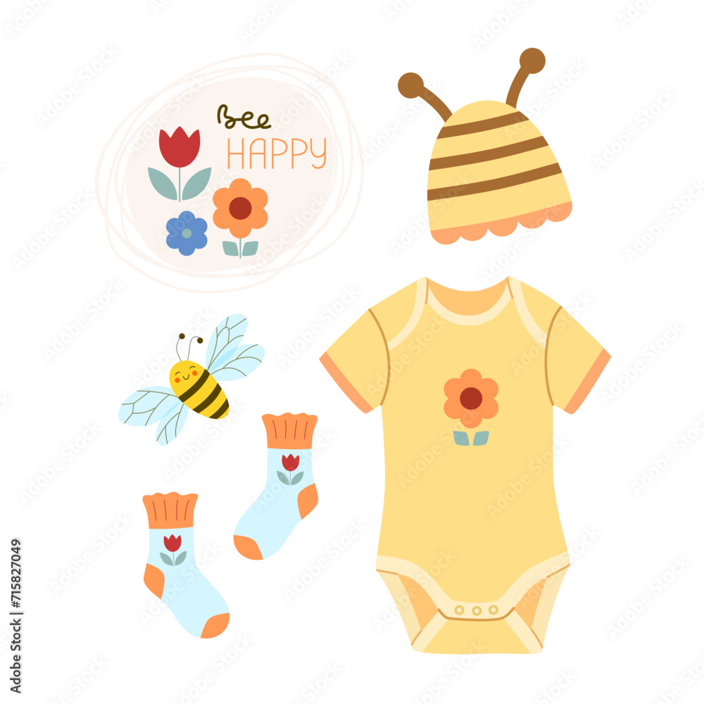 Cute clothes for photo shooting newborn baby girl: yellow short-sleeve bodysuit with flower, hat with bee horns, ruffle socks. Vector illustration in flat style on white isolated background.